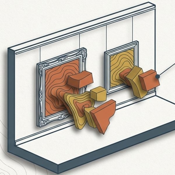 Ilustración: dos cuadros colgados en una pared de museo de los que salen volúmenes en relieve, como si la pintura se extendiera hacia el espacio.